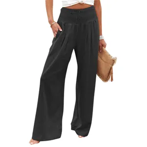 Women's high-waisted wide-leg casual pants in solid black with smocked waistband
