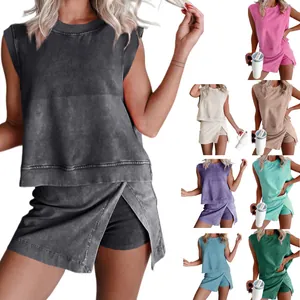 Women Casual Cotton Sleeveless Round Neck Tank Top And Elastic Waist Skort Top And Bottom Set Solid Color Summer Outfit