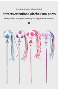 Colorful pom-pom cat teaser wand with tassels for kitten interactive playing fun