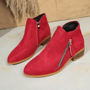 Detailed view of red suede women's ankle boots featuring chunky heels and double side zippers