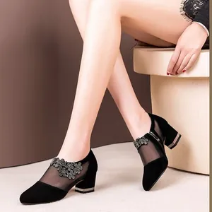 Women Fashion Black Pointed Toe Mesh Ankle Boots Chunky Heel Rhinestone Flower Mesh Breathable Sandals Boots With Side Zipper