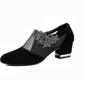 Elegant black mesh booties for women with sparkling floral rhinestones and chunky heels
