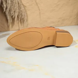 Close-up of anti-slip rubber outsole and stacked block heel on stylish women's ankle boot