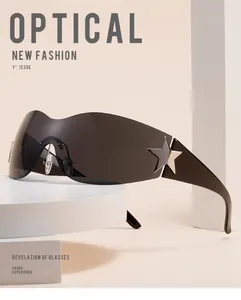 Macro view of oversized wrap-around sunglasses featuring a metallic star accent on the temple.