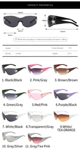 Detailed specifications and 11 color variations of star-decorated wrap sunglasses.