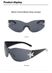 Detail view of black wrap-around sunglasses with silver star accents on the temples