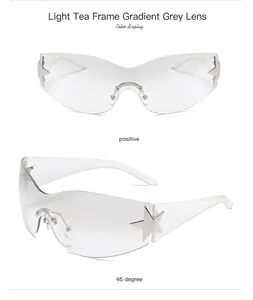 Detailed view of one-piece sunglasses featuring star decorations and gradient grey lenses.