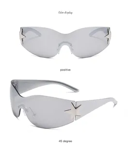 Fashionable grey frame wrap sunglasses featuring star detail from front and side view