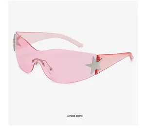 Detailed 45-degree side view of pink Y2K wraparound sunglasses featuring a silver star