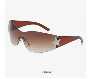 Detailed 45-degree side view of gradient brown wraparound sunglasses with star accent
