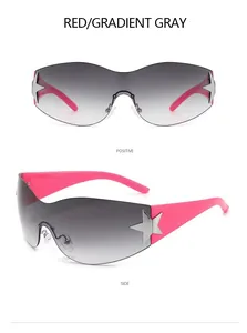 Detailed front and side views of trendy pink star-accented wrap shield sunglasses