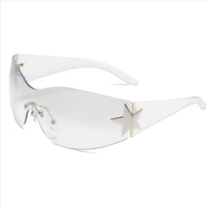 Trendy oversized rimless shield sunglasses with silver star detail for outdoor activities