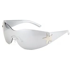 Futuristic silver wraparound sunglasses with metallic star detail for cycling and fashion