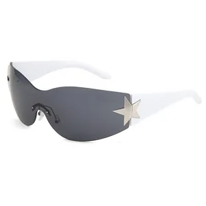 Trendy Y2K wrap-around sunglasses with white frame and large silver star decoration for fashion