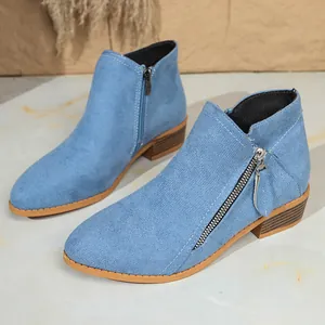 Detail shot of light blue suede ankle boots featuring double side zippers and chunky heel
