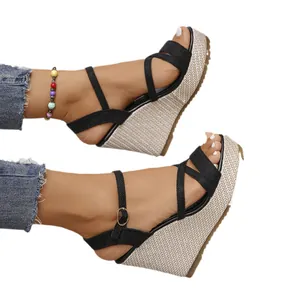 Black cross-strap wedge sandals with woven hemp rope sole for women's summer comfort