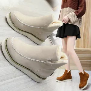 Close-up of women's warm snow boots with thick soles and soft faux fur lining for winter.