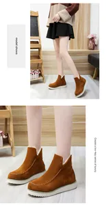 Detail of brown suede snow boots with thick soles and warm faux fur lining.