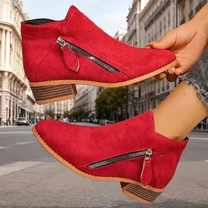 Vibrant red suede ankle boots with chunky low heel and double side zippers for women.