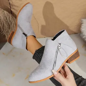 Stylish light grey suede ankle boots for women featuring chunky heels and dual zippers