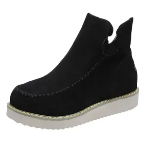Women's warm black suede thick-soled snow boots with stylish petal cuff and stitching