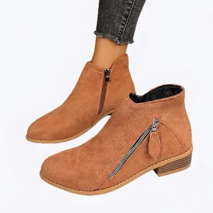 Women's tan suede ankle boots featuring a stable chunky heel and double side zippers