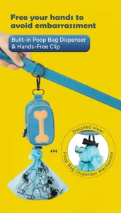Nahaufnahme eines blauen Kotbeutelspenders für Hunde mit praktischem Freihand-Clip.