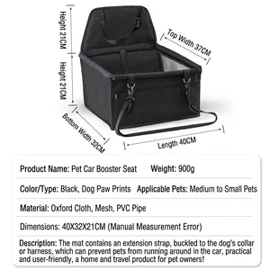 Durable waterproof black pet car seat carrier for small dogs and cats with size chart