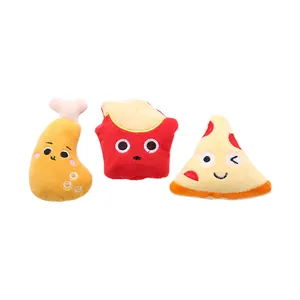Adorable set of 3 plush cat toys shaped like chicken, fries, and pizza with catnip