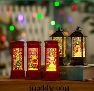 Close-up of various Christmas glowing lanterns featuring Santa and snowman designs.