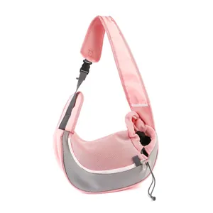 Borsa a tracolla traspirante in rete rosa e grigia per animali domestici con cinghia regolabile