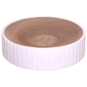 Durable round corrugated cardboard cat scratcher bed with a white plastic bowl shell