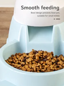 Vue détaillée d'un distributeur automatique de croquettes pour animaux dans un bol bleu