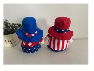Rear view of two patriotic Independence Day plush gnomes with stars and stripes