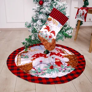 Christmas tree skirt and stocking set with red black plaid and festive gnome patterns