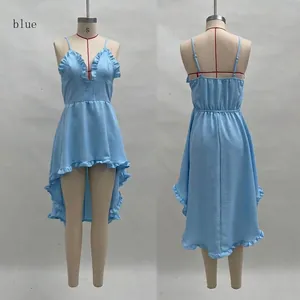Front and back views showing light blue ruffled high-low dress with spaghetti straps