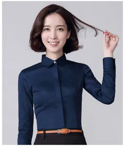 Elegant navy blue elastic long-sleeve shirt for women with a professional Korean design.