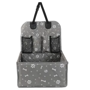 Gray foldable pet car seat booster carrier with paw and bone prints