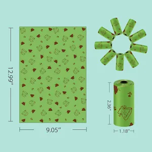 Dimensions of green biodegradable dog poop bags showing unfolded and roll sizes