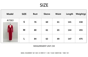 Comprehensive size table for the elegant deep V-neck red long sleeve bodycon dress.