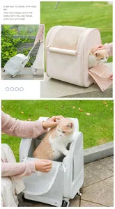 Versatile pink and white portable pet trolley backpack with mesh windows for cat travel outdoors