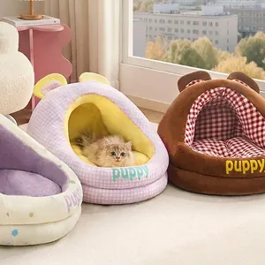 Cama de felpa semicerrada para mascotas con orejas de dibujos animados para gatos y perros