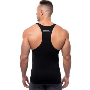 Detailed back view of a men's black racerback gym tank top on a muscular male model