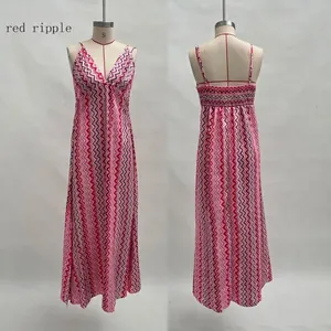 Front and back view of Bohemian V-neck maxi dress with red ripple print and slit detail