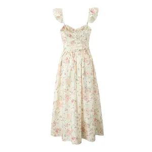 Elegant floral print maxi dress featuring ruffled straps and a cinched waist tie detail