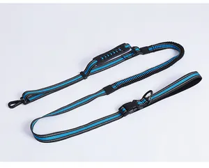Close-up of reflective bungee dog leash with adjustable buckle and padded handle