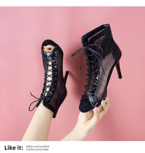 Black mesh lace-up peep-toe stiletto high heel sandals with stylish detail.