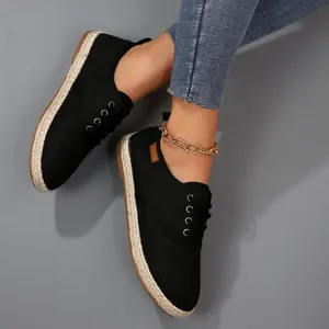 Dames zwarte canvas espadrilles met geweven jute zool en vetersluiting casual