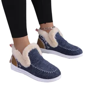 Warm women's blue fabric slippers with white faux fur lining and non-slip soles