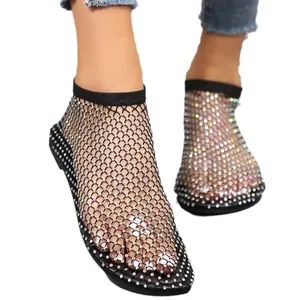 Stylish summer women's flat sandals with black fishnet mesh and sparkling rhinestones